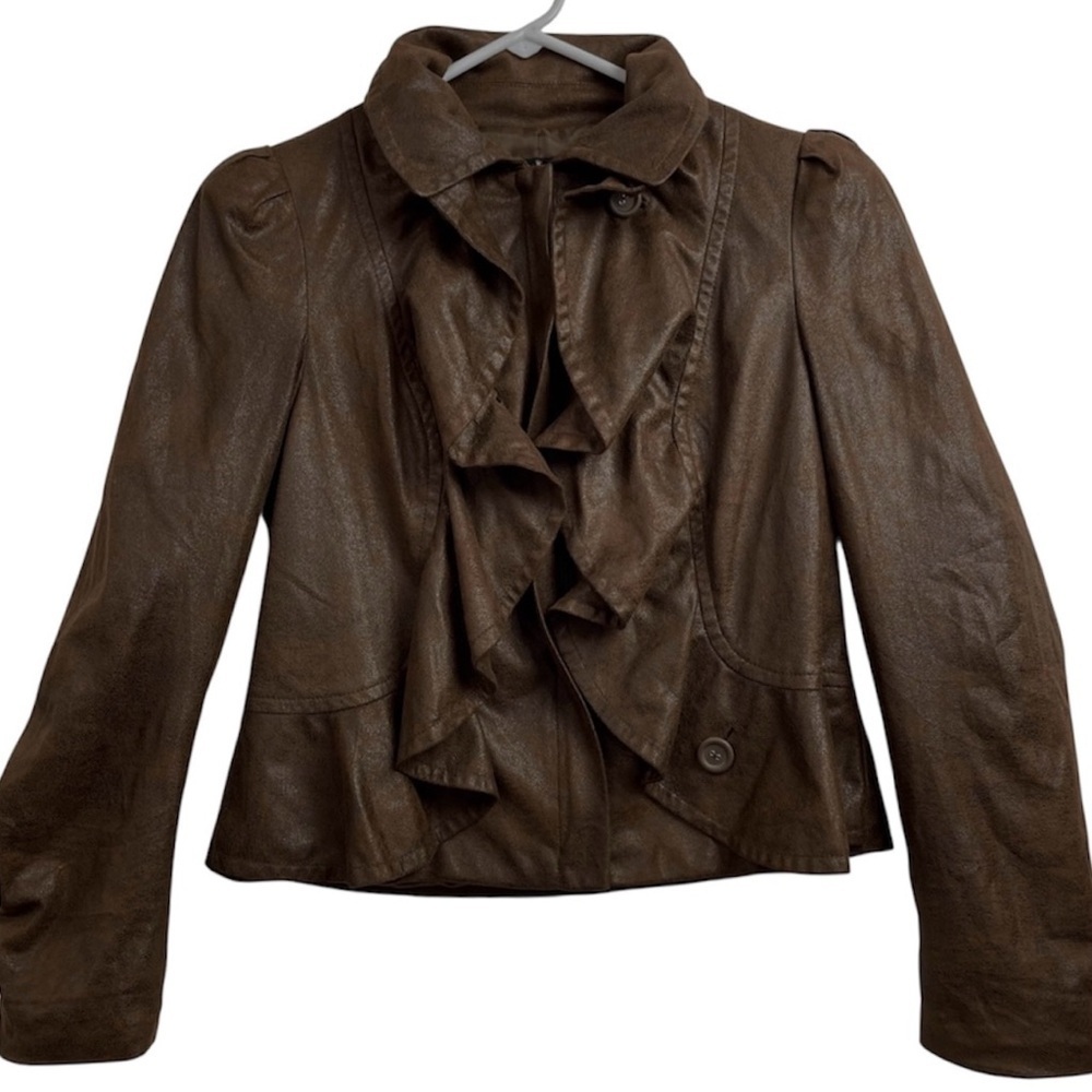 INC Women's Faux Leather Jacket L Ruffled Front Brown Short Coat Size Large - Picture 2 of 8